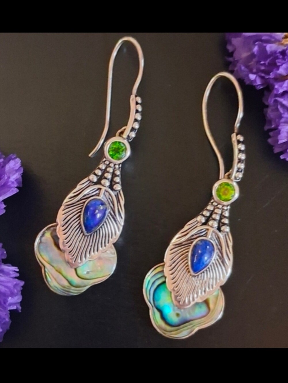 Lapis Lazuli Abalone Shell Chrome Diopside Rhodium Over 925 Peacock Earrings